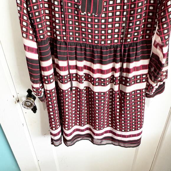 LOFT Round Neck Sheer Long Sleeve Tie Neck Knee Length Geometric Dress Medium - Picture 6 of 13